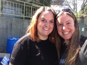 Mindi and I taking a break from stuffing bags