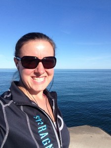 Sporting some Ragnar gear! The water is so blue.