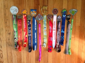all 13 half marathon medals, look at all that bling!